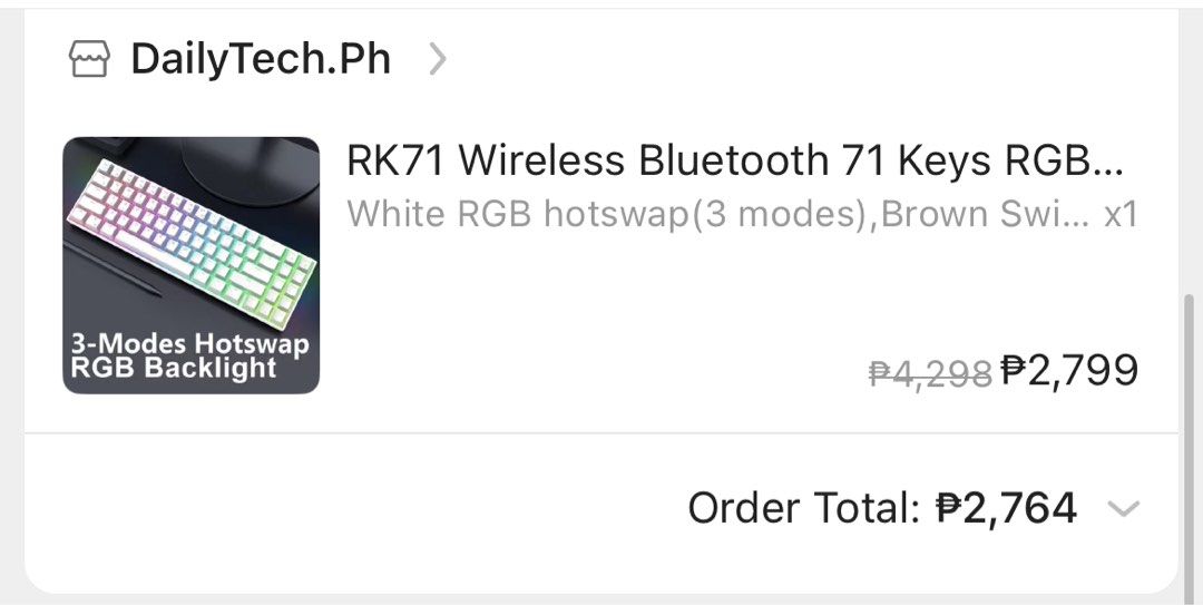 Gaming Mechanical Keyboard (Royal Kludge 71) (Category: Computer Keyboard) located in Manila. Submitted by hannahrm (Listing ID 1394684423, Image 2). Description: 71 Keys RGB Backlight 3 modes hotswap Brown switch.