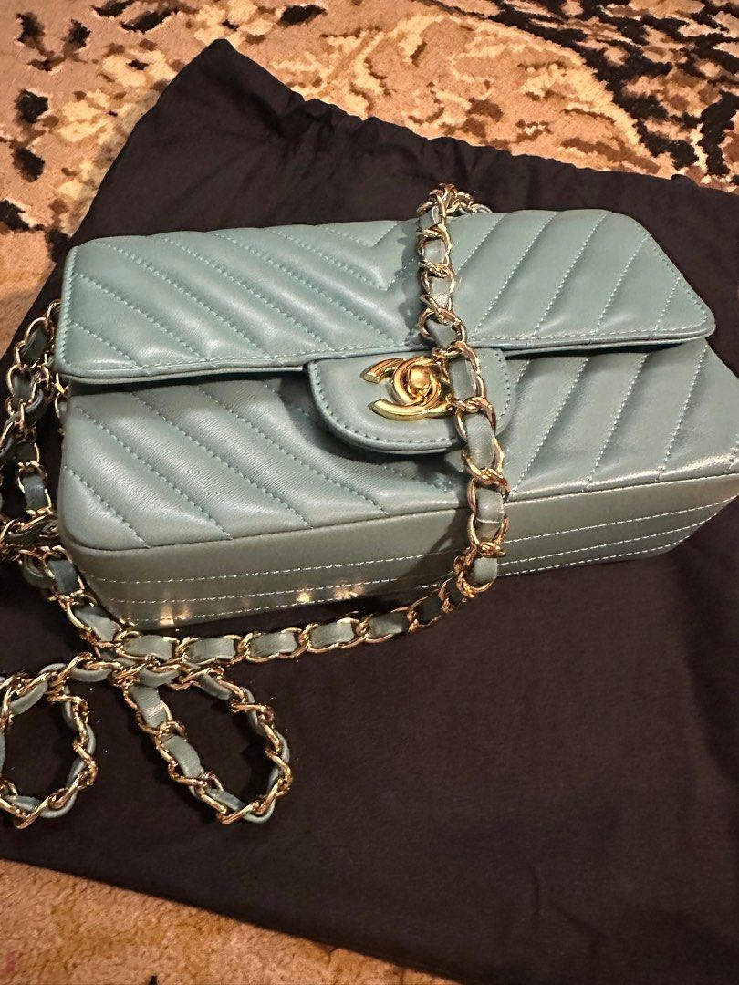 Glamorous Chevron Mini horizontal Teal (Category: Luxury Bags & Wallets) located in San Juan City. Submitted by angieanghelita (Listing ID 1362420712, Image 3). Description: Chanel classic mini rectangular flap bag (chevron design and gold hw) Perfect size. In perfect mint condition Height 13 cm Width 20cm Depth 6.5 cm This was a gift to me and used only once. I cant guarantee its authenticity because it was just given to me as a gift. But I can 