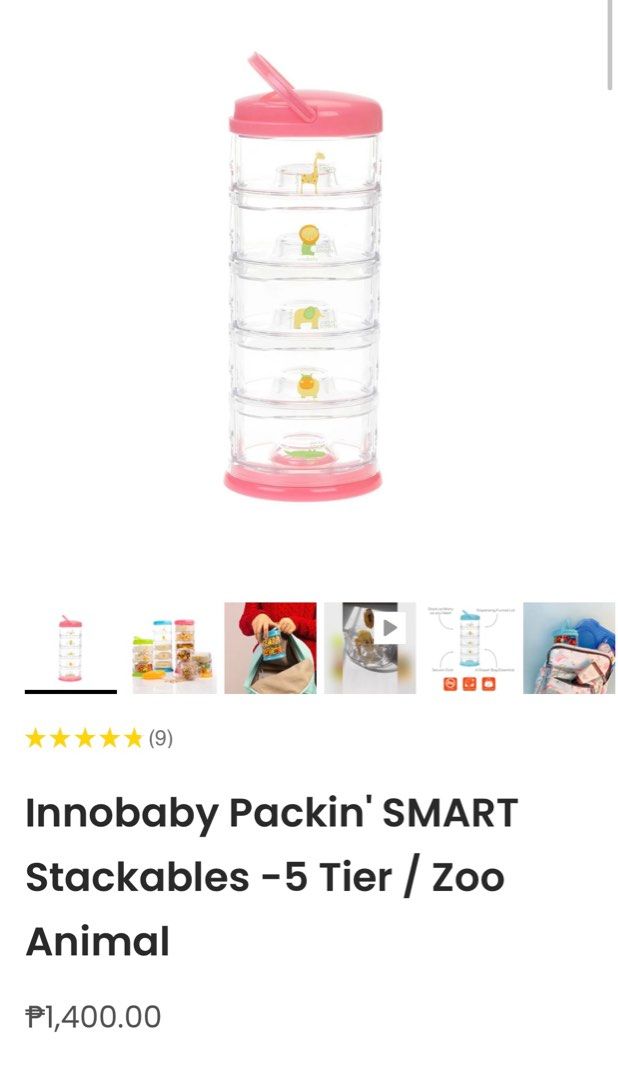 Innobaby Packin' SMART Stackables Snack and Formula Dispenser - 5 Tier (Category: Weaning & Toddler Feeding) located in Quezon City. Submitted by lightningrush (Listing ID 1394619663, Image 1). Description: Each container holds 1/3 cup of snacks or up to 4 scoops of formula for a full 8 oz feeding Top rack dishwasher safe Minimize sterilization and avoid extreme temperature change to prolong lifespan BPA-, phthalate-, PVC-, lead- free Made in Sou