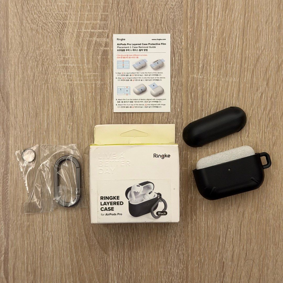Ringke Layered Case for AirPods Pro (Category: Cases & Sleeves) located in Malabon City. Submitted by immaneedspace (Listing ID 1394702681, Image 3). Description: - Ringke Layered Case for AirPods Pro - Color: Black - Includes carabiner clip for easy attachment - Comes with protective film - Package includes case, carabiner, and instructions - Complete set.