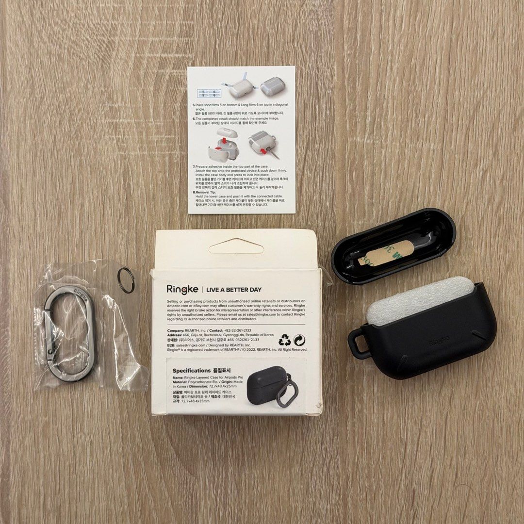 Ringke Layered Case for AirPods Pro (Category: Cases & Sleeves) located in Malabon City. Submitted by immaneedspace (Listing ID 1394702681, Image 1). Description: - Ringke Layered Case for AirPods Pro - Color: Black - Includes carabiner clip for easy attachment - Comes with protective film - Package includes case, carabiner, and instructions - Complete set.
