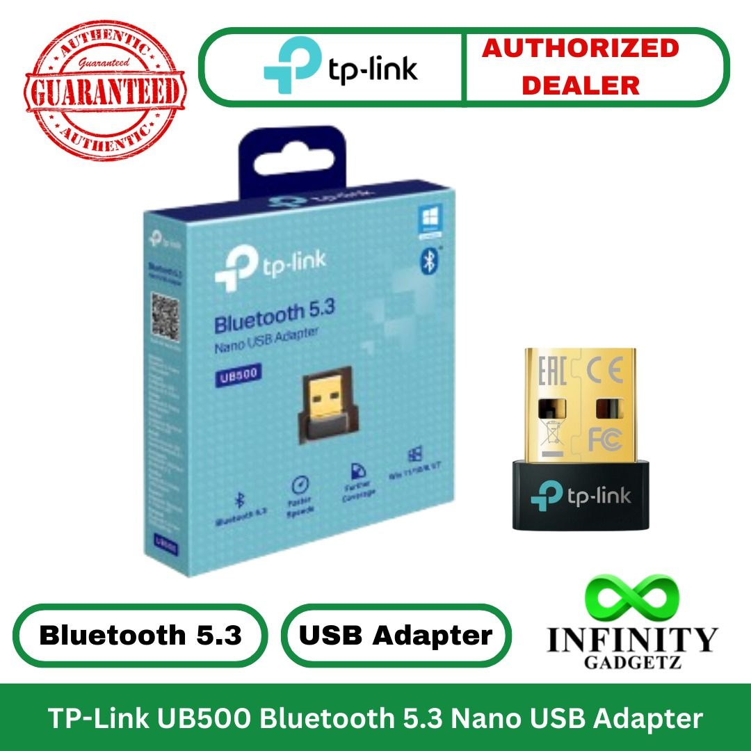 TP-Link UB500 Bluetooth 5.3 Nano USB Adapter (Category: Networking) located in Manila. Submitted by infinitygadgetzph (Listing ID 1394638476, Image 1). Description: Price: UB500 - PHP 390 🟩Authentic 🟩Authorized Dealer of TP-Link 🟩Sealed and Brand New 🟩With 3 Months Replacement Warranty (Must keep the complete box/carton for warranty claim) SPECIFICATIONS & FEATURES Features: 🟩Bluetooth 5.3 – Security and reliability improvement than last-gen
