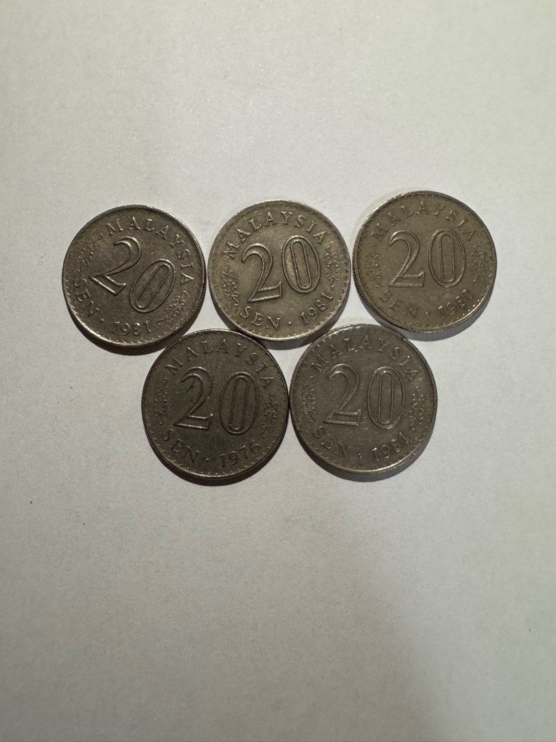 5枚舊版馬來西亞20 分硬幣, 興趣及遊戲, 收藏品及紀念品, 錢幣- Carousell