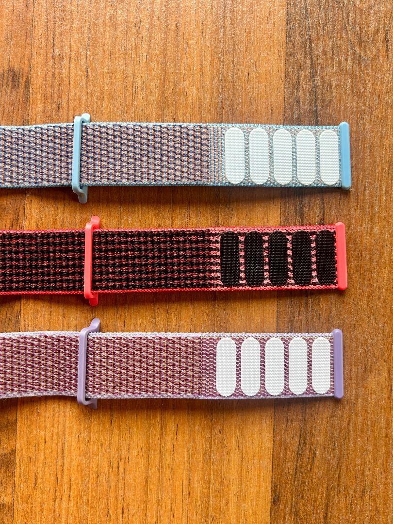 Apple Watch Sport Loop Straps (42/44 mm) (Category: Wearables & Smart Watches) located in Quezon City. Submitted by martits (Listing ID 1394871049, Image 1). Description: Set of 3 Sport Loop straps for Apple Watch - Colors: Blue, Red, and Purple - Woven design for breathability - Adjustable hook-and-loop velcro fastener - Comfortable and secure fit - Compatible with Apple Watch (42/44 mm) 180 each, take all for 500!.