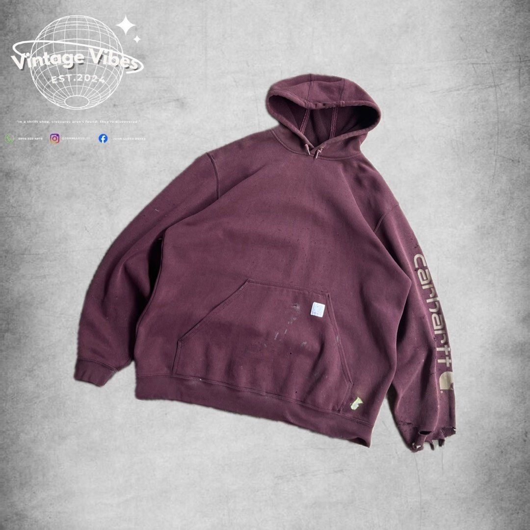 Carhartt script destress hoodie (Category: Coats, Jackets and Outerwear) located in Balayan. Submitted by reyesjohnlloyd21 (Listing ID 1394866195, Image 1). Description: CARHARTT SCRIPT HOODIE Dimes:26x30 Color rate:8.5/10 Condition: Trash Condi Issue: Multiple Holes 📥📥.