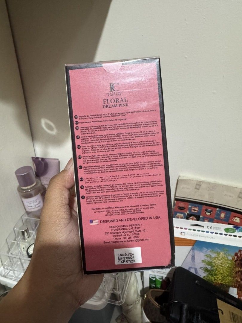 FC Paris Floral Dream Pink Eau de Parfum (Category: Fragrance & Deodorants) located in Muntinlupa City. Submitted by jmmlab (Listing ID 1394786302, Image 2). Description: - FC Paris Floral Dream Pink Eau de Parfum - Beautiful floral design box - Designed and developed in the USA - Box includes product information and ingredients.