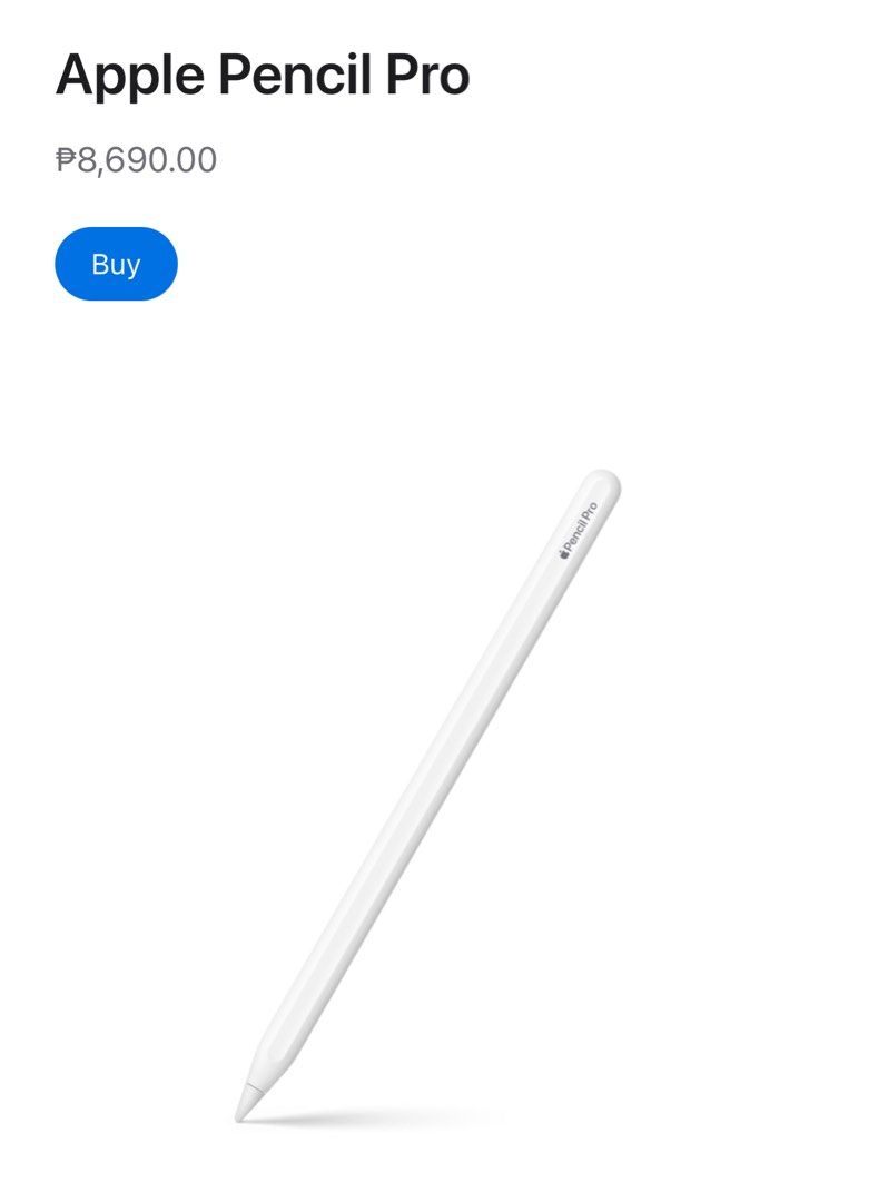Ipad pencil pro (Category: iPad) located in Quezon City. Submitted by CLing (Listing ID 1394891589, Image 3). Description: Brand new ipad pencil pro Bought directly from apple (₱8690) Sealed, unopened Compatible with the ff ipad models Pro (M4) Air (M2, M3) Mini (A17 Pro) RFS: not compatible with my old ipad pro :((( MOP: BPI/PNB Can lalamove/grab for delivery Meetup Escalades 20th avenue.