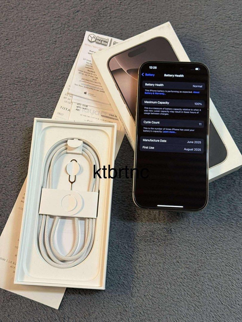 iPhone 16 Pro 128gb Desert Titanium (Category: iPhone 16 Series) located in Cavite. Submitted by katbritani92264 (Listing ID 1394870395, Image 2). Description: For sale 2 weeks old iPhone 16 Pro 128 GB Factory Unlocked Desert Titanium •Brandnew condition •Warranty until August 24, 2026 •100% battery health •11 cycle counts only •Smooth, no dents •Local variant, NTC Approved •WITH RECEIPT FROM BEYOND THE BOX Complete with original box same imei, o