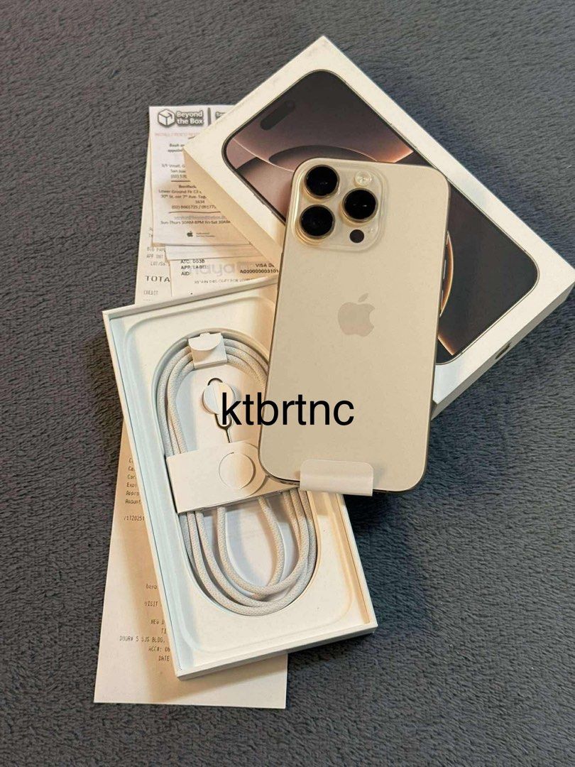 iPhone 16 Pro 128gb Desert Titanium (Category: iPhone 16 Series) located in Cavite. Submitted by katbritani92264 (Listing ID 1394870395, Image 1). Description: For sale 2 weeks old iPhone 16 Pro 128 GB Factory Unlocked Desert Titanium •Brandnew condition •Warranty until August 24, 2026 •100% battery health •11 cycle counts only •Smooth, no dents •Local variant, NTC Approved •WITH RECEIPT FROM BEYOND THE BOX Complete with original box same imei, o