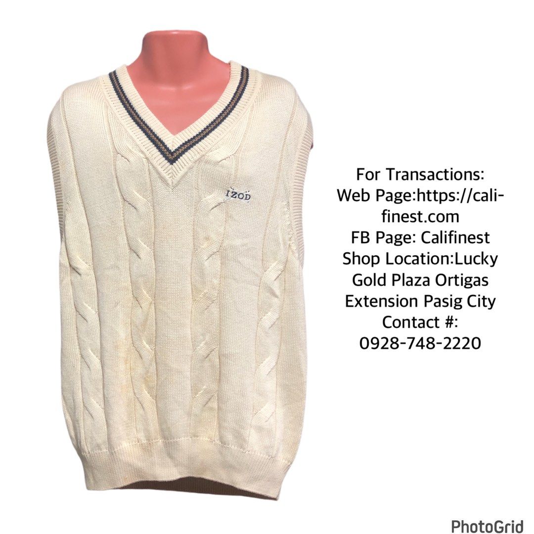 Izod V-Neck cable knit sweater vest (Category: Vests) located in Pasig City. Submitted by califinestcollectibles (Listing ID 1394823667, Image 1). Description: Izod V-Neck cable knit sweater vest T#661 Issue: Small stain (pls check the Photos posted) Size: Medium L:28 inches/ 72cm W: 46 inches/ 118 Original/Authentic From USA Actual and detailed pictures are posted Pick up at one oasis condominium ortigas extension pasig city Or Delivery via Lala