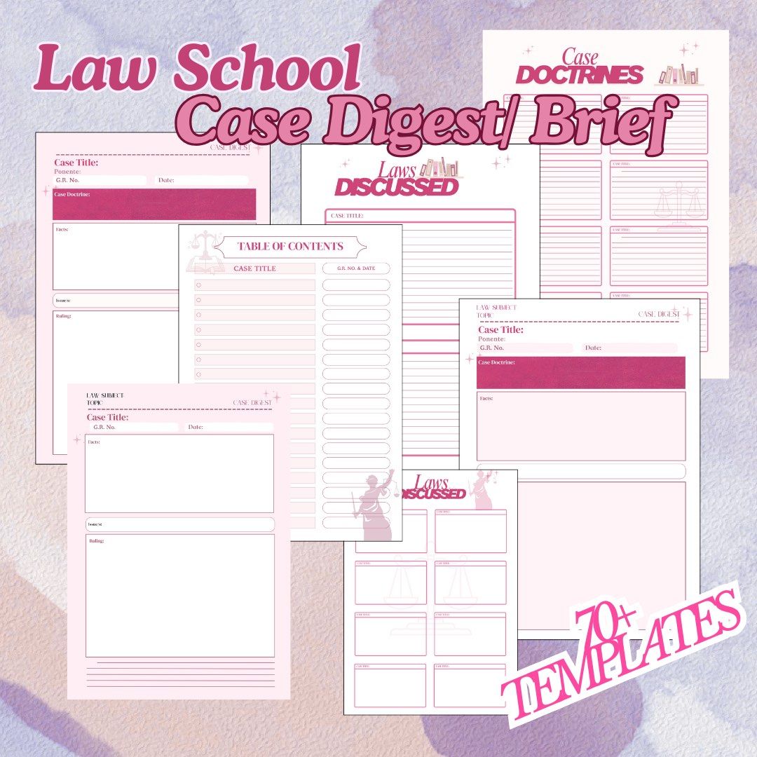 Law School Case Digest Templates (Category: Textbooks) located in Manila. Submitted by mikaela161 (Listing ID 1394904837, Image 1). Description: 75 templates for case digest! For law students who want their reviewers to be pinky, girly and cute!! .