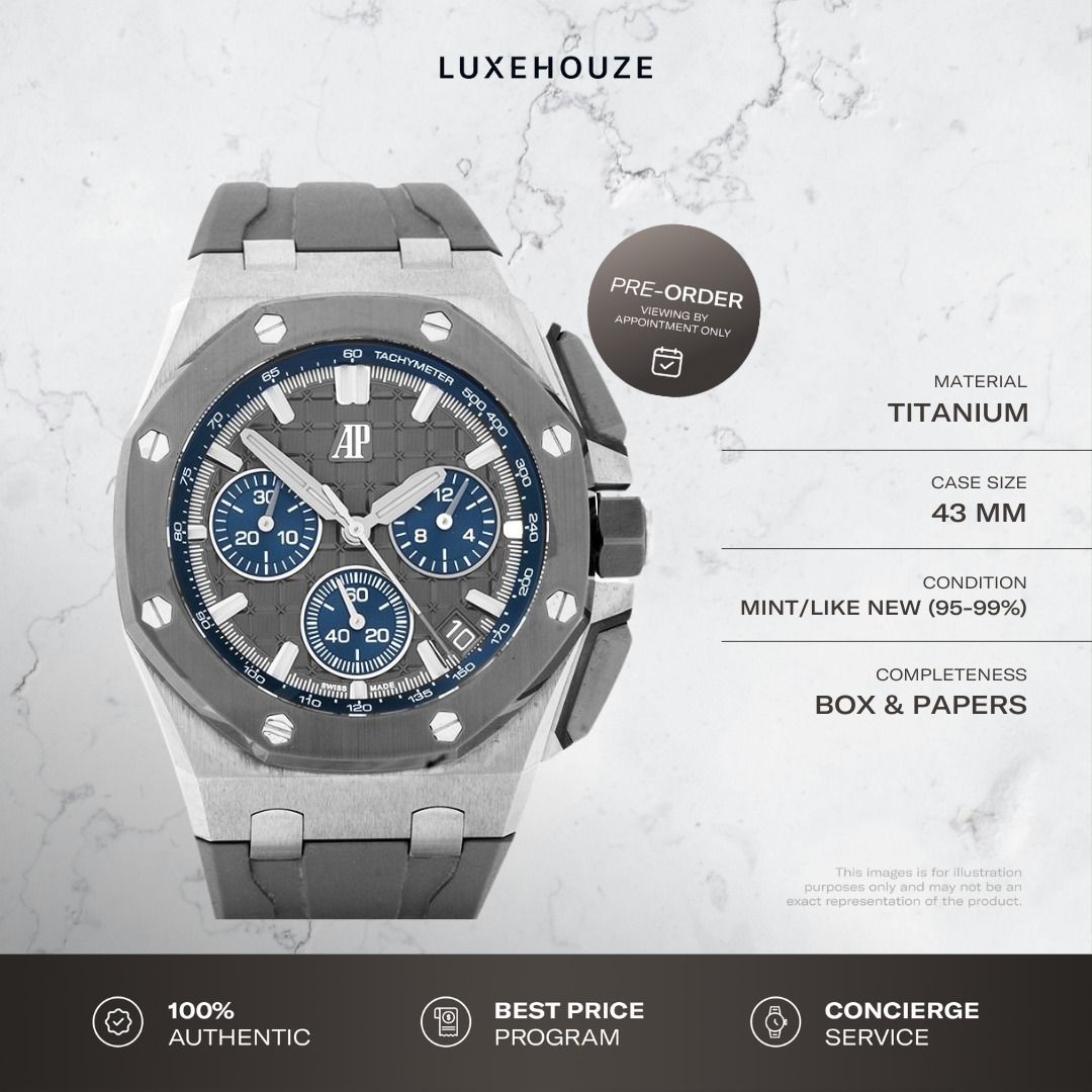 Mint 2022 Audemars Piguet Royal Oak Offshore 43 26420IO.OO.A009CA.01 26420IO Grey (Category: Watches) located in Singapore. Submitted by luxehouze (Listing ID 1394641253, Image 1). Description: Join our Community for special deals and latest arrivals! //bit.ly/LHWatchesSG Watch Details: SKU: 0016101 Condition: Mint/Like New (95-99%) Dial: Grey Year: 2022 Completeness: Box & Papers This item is available for pre-order. Please contact us to confirm