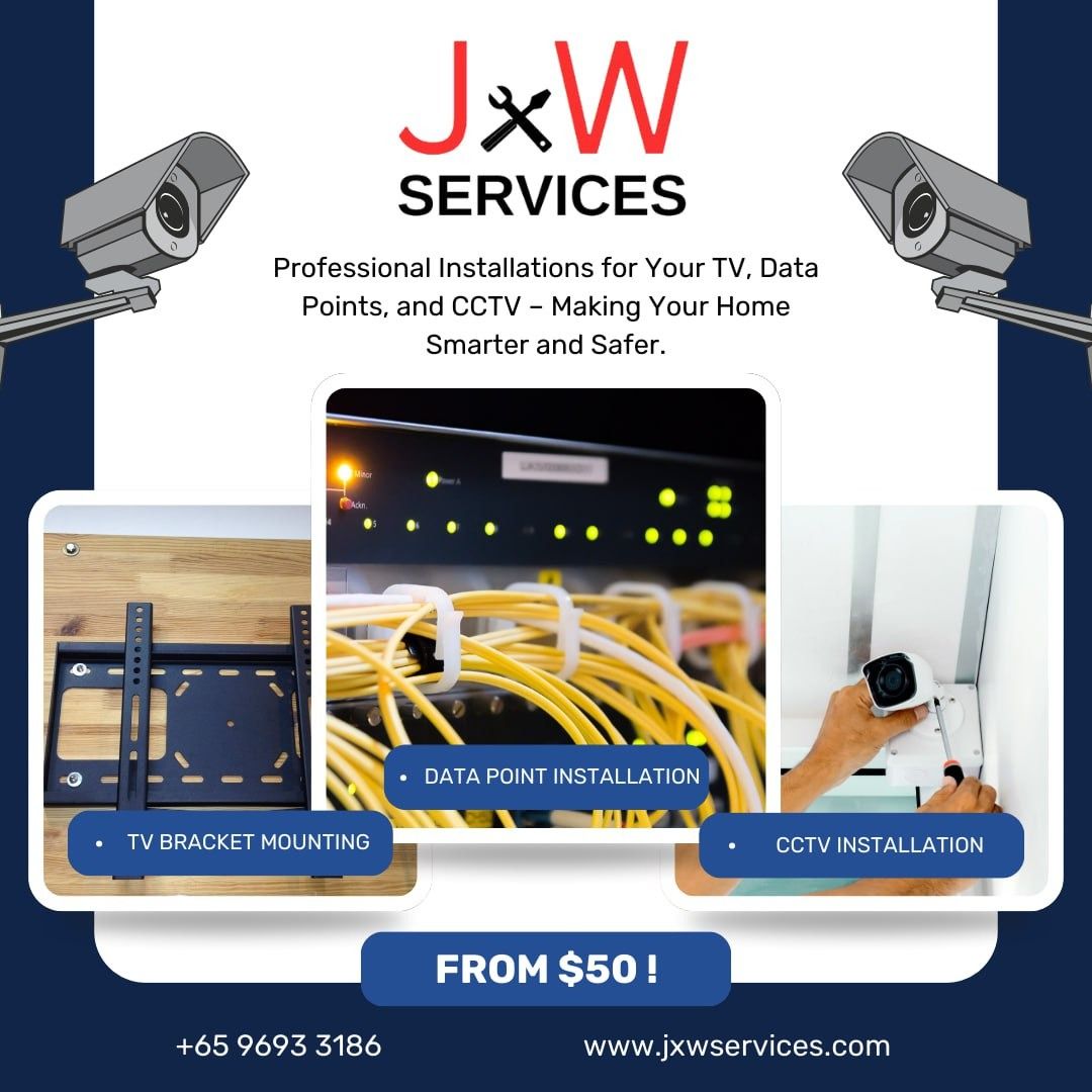 Network installation (Category: CCTV/Security) located in Singapore. Submitted by jxwservices (Listing ID 1394933503, Image 1). Description: We Offer: ✅ TV Wall Mounting ✅ Data Point & Network Cabling ✅ CCTV Installation & Setup ✅ More • Skilled & Experienced Technicians • Clean & Efficient Installation • Secure & Reliable Setup • Anywhere, anytime! PROMOTION!! Services from $50 onwards for a limited time! No hidden charges – transparent pricing,