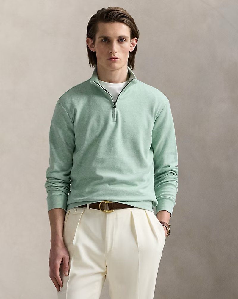 Polo Ralph Lauren Textured Double-Knit Pullover Size M (Category: Coats, Jackets and Outerwear) located in Manila. Submitted by lakester (Listing ID 1394959436, Image 1). Description: BRAND NEW WITH TAGS POLO RALPH LAUREN TEXTURED DOUBLE-KNIT PULLOVER SIZE M Color: Celadon Heather/Nevis SRP: 168 USD or 9,500+ PHP This quarter-zip pullover is made with a double-knit cotton-blend jacquard that is sueded for a supersoft feel..