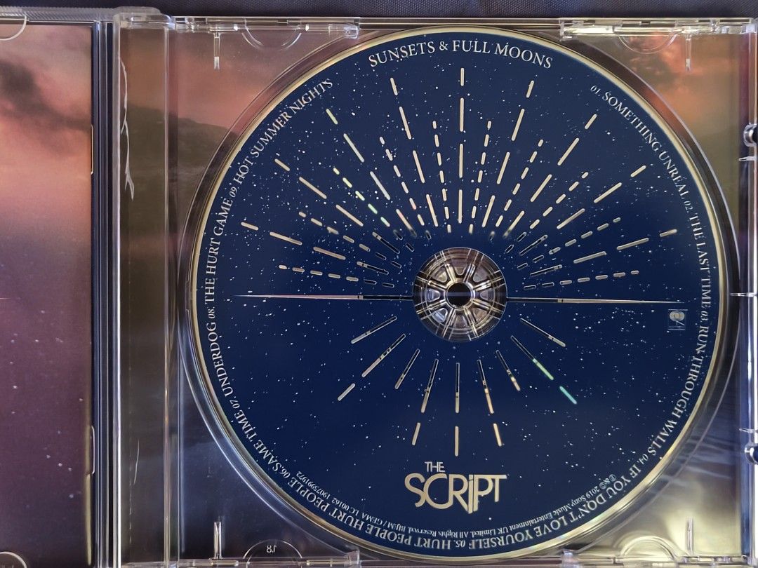 The Script - Sunsets & Full Moons (EU) (Category: Vinyls) located in Angeles City. Submitted by the-wonder-store (Listing ID 1394856783, Image 3). Description: Features popular tracks: "Something Unreal", "The Last Time", "Run Through Walls", and more. Pre-owned Disc in great condition Made in EU Payment: GCash Shipping: J&T.