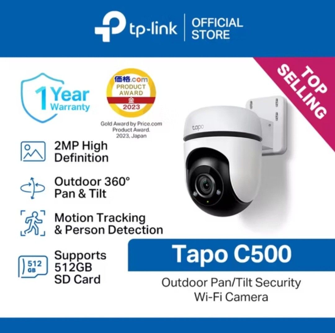 TP-Link Tapo C500 No SD CARD 2 pcs avail (Category: Security Systems & CCTV Cameras) located in Meycauayan. Submitted by sevenfifty (Listing ID 1394842171, Image 1). Description: TP-Link Tapo C500 is an outdoor pan/tilt security Wi-Fi camera. It features 2MP high definition, 360° pan and tilt, and motion tracking with person detection. It supports up to a 512GB SD card. It has a 1-year warranty and has received a product award in 2023 from Price.