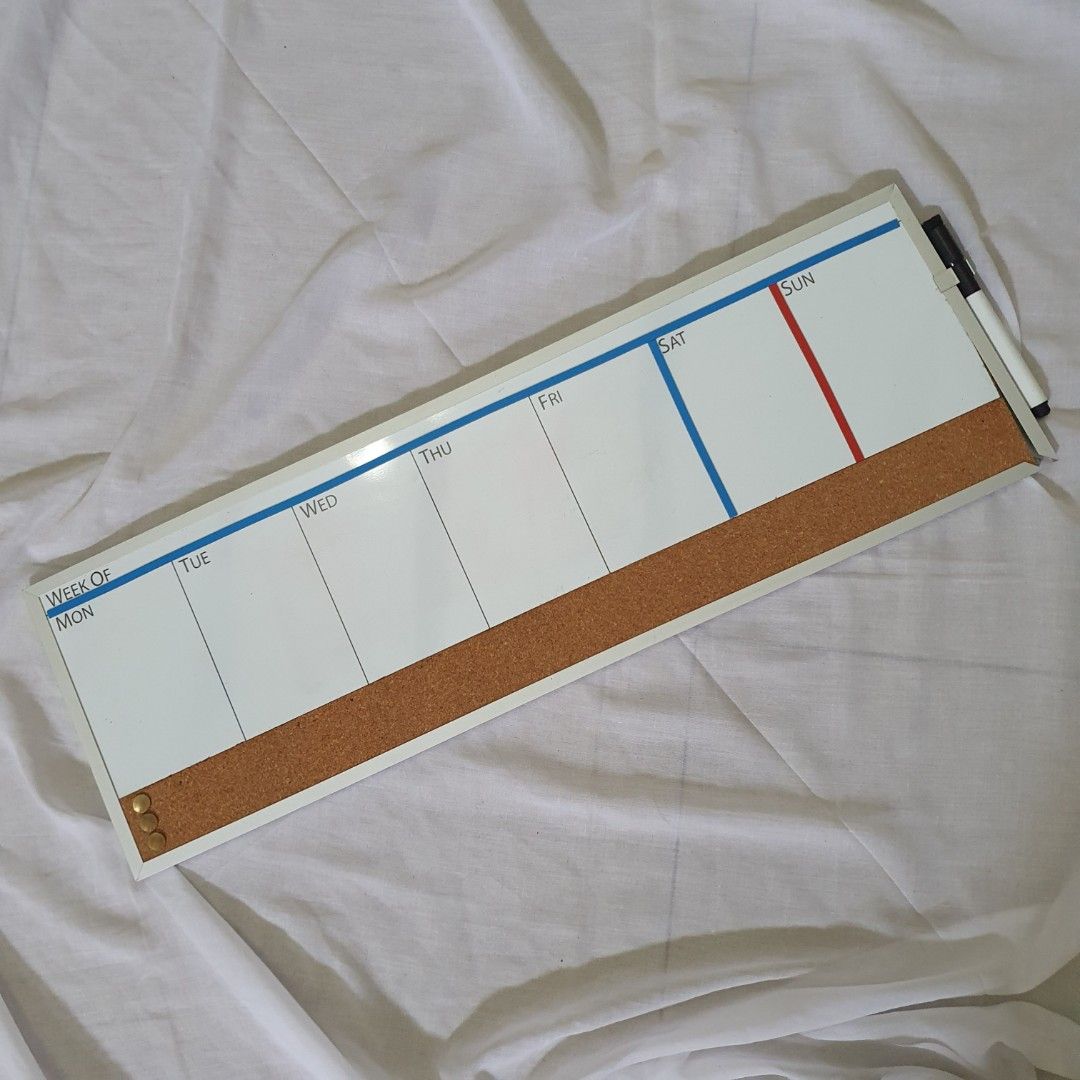Weekly whiteboard planner (Category: Stationery & School Supplies) located in Paranaque City. Submitted by cobien (Listing ID 1394903355, Image 1). Description: weekly white board planner with whiteboard line magnet kindly see all photos for details and flaws.