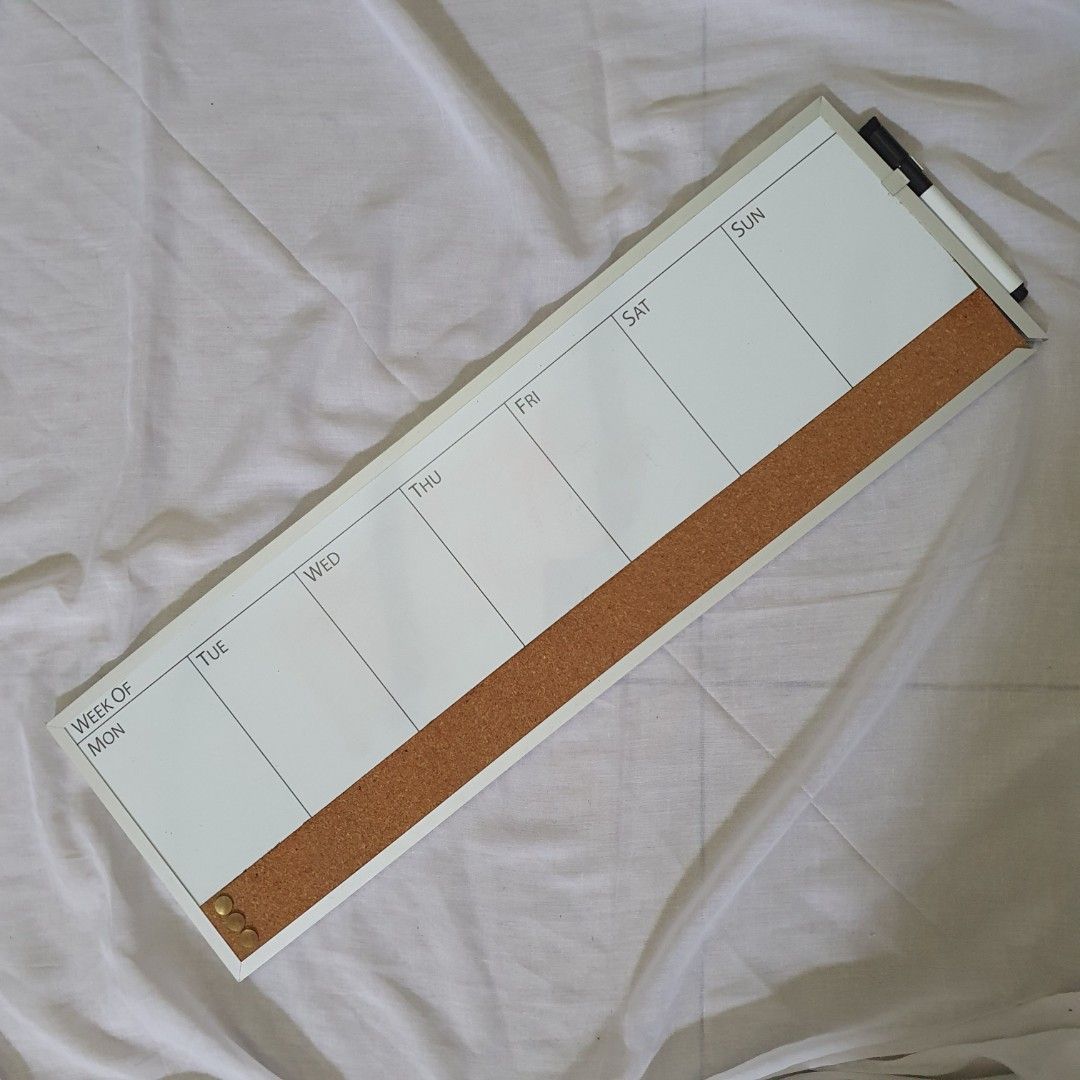 Weekly whiteboard planner (Category: Stationery & School Supplies) located in Paranaque City. Submitted by cobien (Listing ID 1394903355, Image 2). Description: weekly white board planner with whiteboard line magnet kindly see all photos for details and flaws.