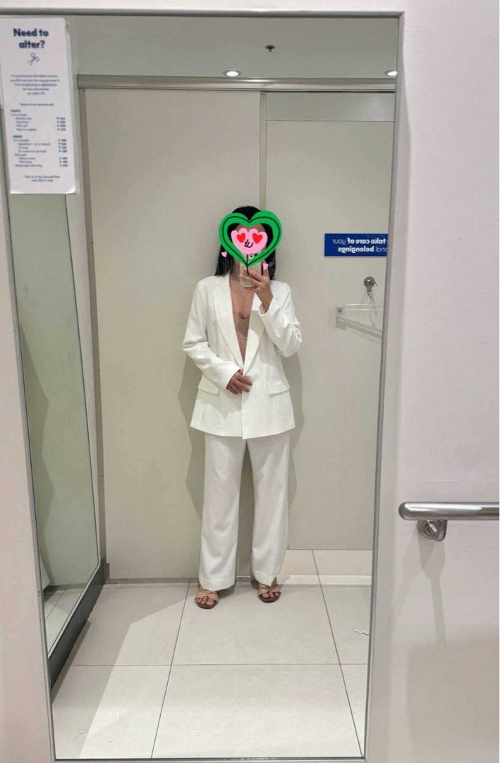 White suit coordinate coat and pants (Category: Sets or Coordinates) located in Pasig City. Submitted by repeatrenters (Listing ID 1394920314, Image 2). Description: Originally 3k. Price negotiable. Was supposed to be for a civil wedding, but wore dress instead..