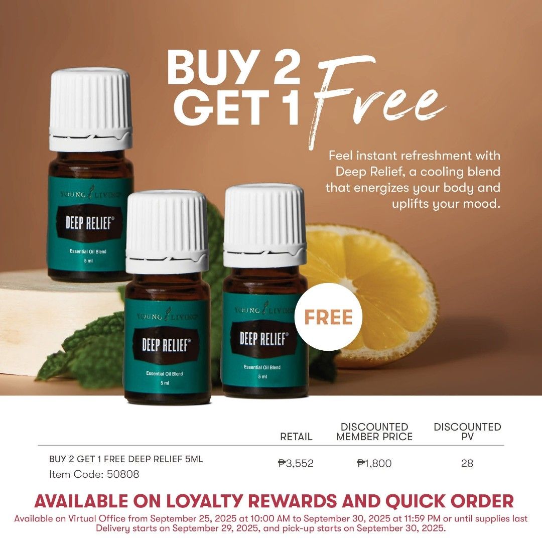 Young Living Deep Relief Essential Oil 5ml (Category: Home Fragrance) located in Bontoc. Submitted by eo_shop (Listing ID 1394823109, Image 1). Description: Get a Buy 2 Get 1 Free deal on Young Living Deep Relief Essential Oil. This cooling blend is designed to energize your body and uplift your mood. The item code is 50808. Available on Loyalty Rewards and Quick Order from September 25, 2025, to September 30, 2025. Delivery starts on September 2