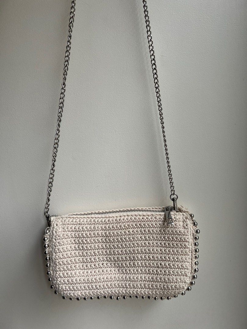 Zara Macrame Knitted Chain Sling Bag (Category: Cross-body Bags) located in Quezon City. Submitted by prebyflo (Listing ID 1394802545, Image 1). Description: Used a couple of times then stored 5 compartments Will fit a Pro Max phone No issues.