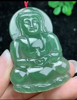 天然A貨翡翠（緬料）冰油綠老種水潤，精工觀音吊墜送高貨繩64200381789058110