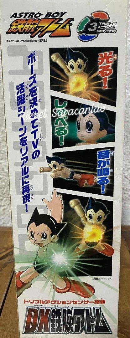 Astro Boy DX Triple Action Sensor Figure (Category: Figurines & Statues) located in Manila. Submitted by aterizz (Listing ID 1395070457, Image 3). Description: - Astro Boy DX Triple Action Sensor figure - Original packaging - Features triple action sensors - Lights up and makes sounds - Made by Takara - Box displays figure poses and features.