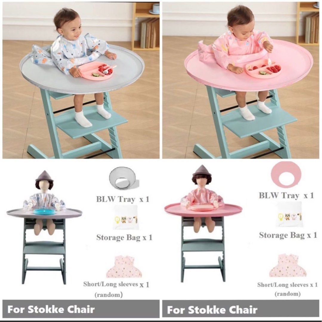 BLW Waterproof Large Tray Baby Chair Cover Tray Mat and Bib for Stokke (Category: Weaning & Toddler Feeding) located in Singapore. Submitted by jordanleech (Listing ID 1394980040, Image 3). Description: Great to use when starting Baby Led weaning self feeding. To ensure the baby doesn’t drop all the food and allow them enough space to explore and get messy when eating. Baby dining table set includes a round tray, a bib, and a storage bag The solu