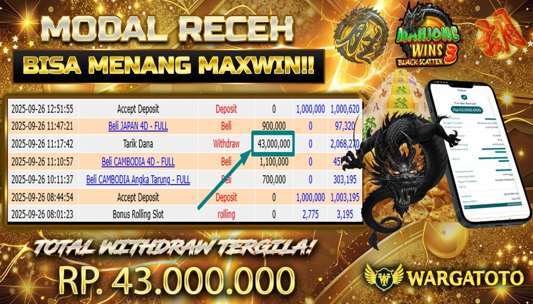 BUKTI JACKPOT WARGATOTO 26 SEPTEMBER 2025 (Category: Desktops) located in Jakarta Barat. Submitted by wargatoto_official (Listing ID 1395052694, Image 1). Description: 📆 Bukti Jackpot Resmi — 26 September 2025 🎊 Selamat untuk ID ke*in** 🎊 Tanggal : 26 September 2025 Game : Mahjong Wins III Blackscatter Total Jackpot : Rp43.000.000,- “Main santai, hasil nyata! Pencairan selalu lancar dan terpercaya. Dari modal kecil bisa cair puluhan juta dalam