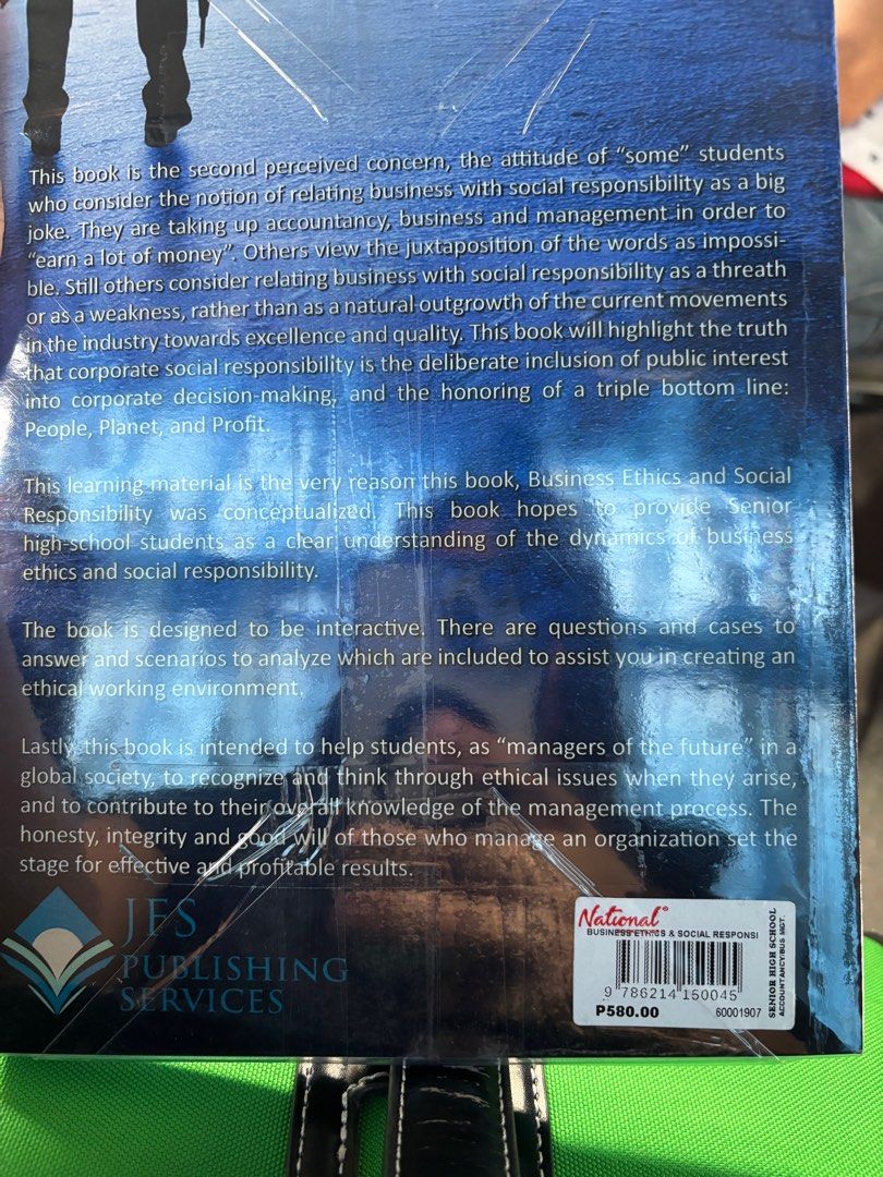 Business Ethics and Social Responsibility Book (Category: Textbooks) located in Manila. Submitted by bright_lamb (Listing ID 1395042183, Image 3). Description: Original price P499 now at P350 tapos kona matake subject bago pa to naka cover pa.