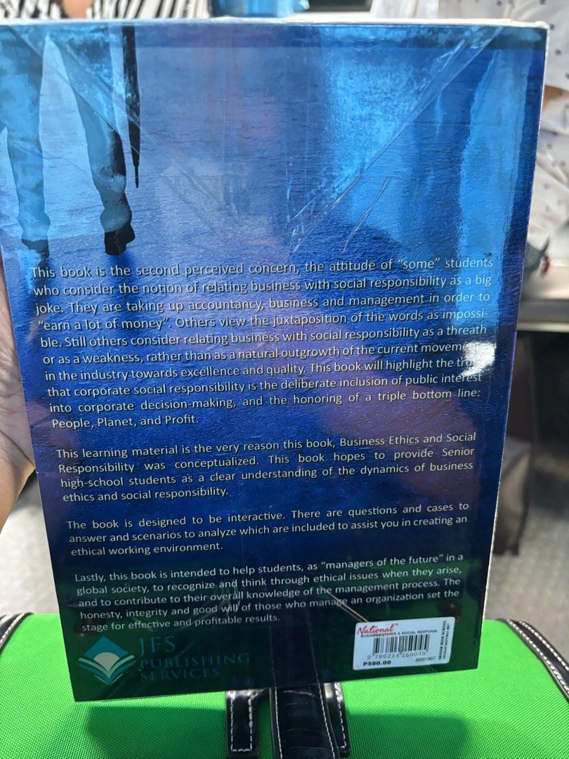 Business Ethics and Social Responsibility Book (Category: Textbooks) located in Manila. Submitted by bright_lamb (Listing ID 1395042183, Image 2). Description: Original price P499 now at P350 tapos kona matake subject bago pa to naka cover pa.