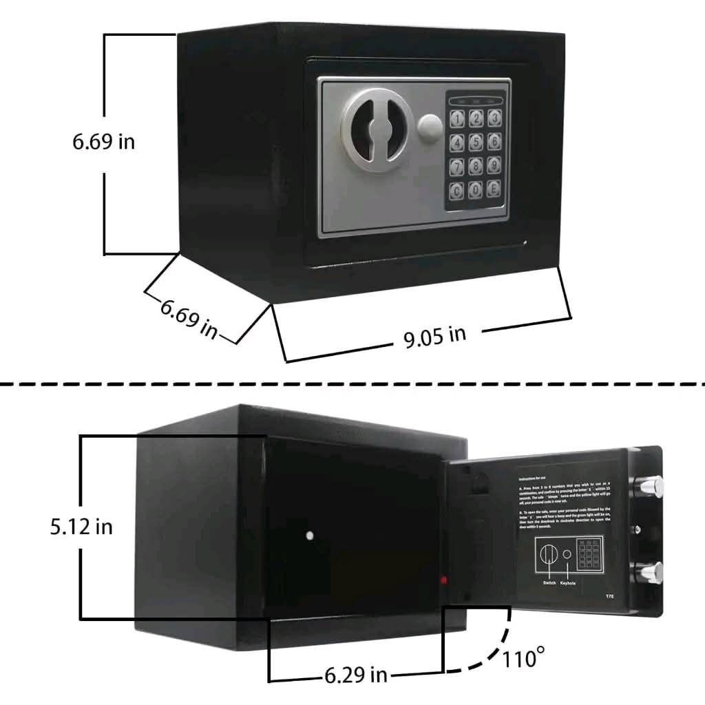 Digital Security Safe Box (Category: Storage Boxes & Baskets) located in Manila. Submitted by yzcartph (Listing ID 1394988099, Image 2). Description: - Digital security safe box with keypad and key access. - Color: Black - Dimensions: 9.05 inches (W) x 6.69 inches (H) x 6.69 inches (D) - Door opens to a 110-degree angle..