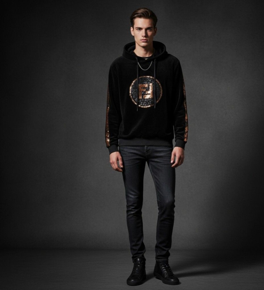 FENDI HOODIE JACKET (Category: Luxury Apparel) located in Baguio. Submitted by cc1516 (Listing ID 1386715998, Image 1). Description: -FENDI BLACK LOGO EMBROIDERED HOODIE JACKET -MADE OF VELOUR MATERIAL -DRAWSTRING HOOD -FENDI LOGO GOLD IN FRONT -MEDIUM IN SIZE -LIKE NEW -GOOD CONDITION.
