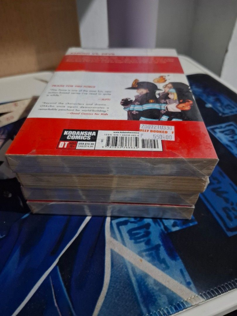 Fire Force Manga Volumes 6 8 9 12 (Category: Comics & Manga) located in Manila. Submitted by maerijoyi53450 (Listing ID 1395104607, Image 2). Description: - Fire Force manga set - Volumes included: 6,8, 9 and 12 - English language - Red and white spines - Brand new, still in plastic wrap -Bawal sa maarte please -Fixed Price na po 275 each po -Need ideclutter -Manage your expectation (sealed pero mukhang yellowish na yung pages kasi yung edges med