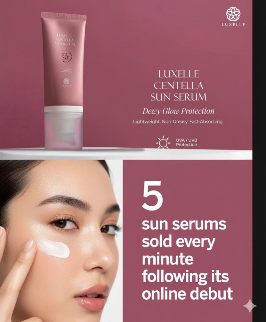 Luxelle Centella Sun Serum SPF 50 (Category: Face Care) located in Pasay City. Submitted by issay10 (Listing ID 1395013235, Image 1). Description: - Lightweight & non-greasy sun serum - Provides UVA/UVB protection - Brightens skin & improves wrinkles - Suitable for all skin types - Contains: Niacinamide, Squalane, Adenosine, Vitamin E, Hyaluronic Acid - For daily use to protect and maintain healthy, radiant skin..
