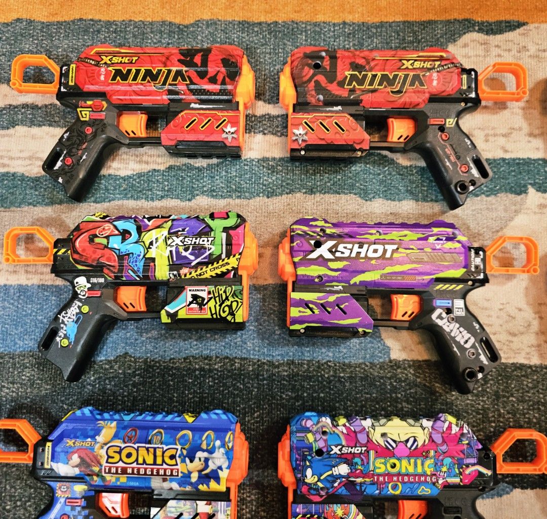 Nerf & X-Shot Toy Guns (Category: Action & Battle Toys) located in Quezon City. Submitted by northernlegends (Listing ID 1395154621, Image 3). Description: Collection of Nerf and X-Shot toy guns. Includes various models with different designs and colors. Some feature Fortnite and Roblox themes. Also includes X-Shot Ninja and Sonic the Hedgehog designs. Perfect for kids who love to play with toy guns. Location Commonwealth QC MOP GCash, BDO, BPI M