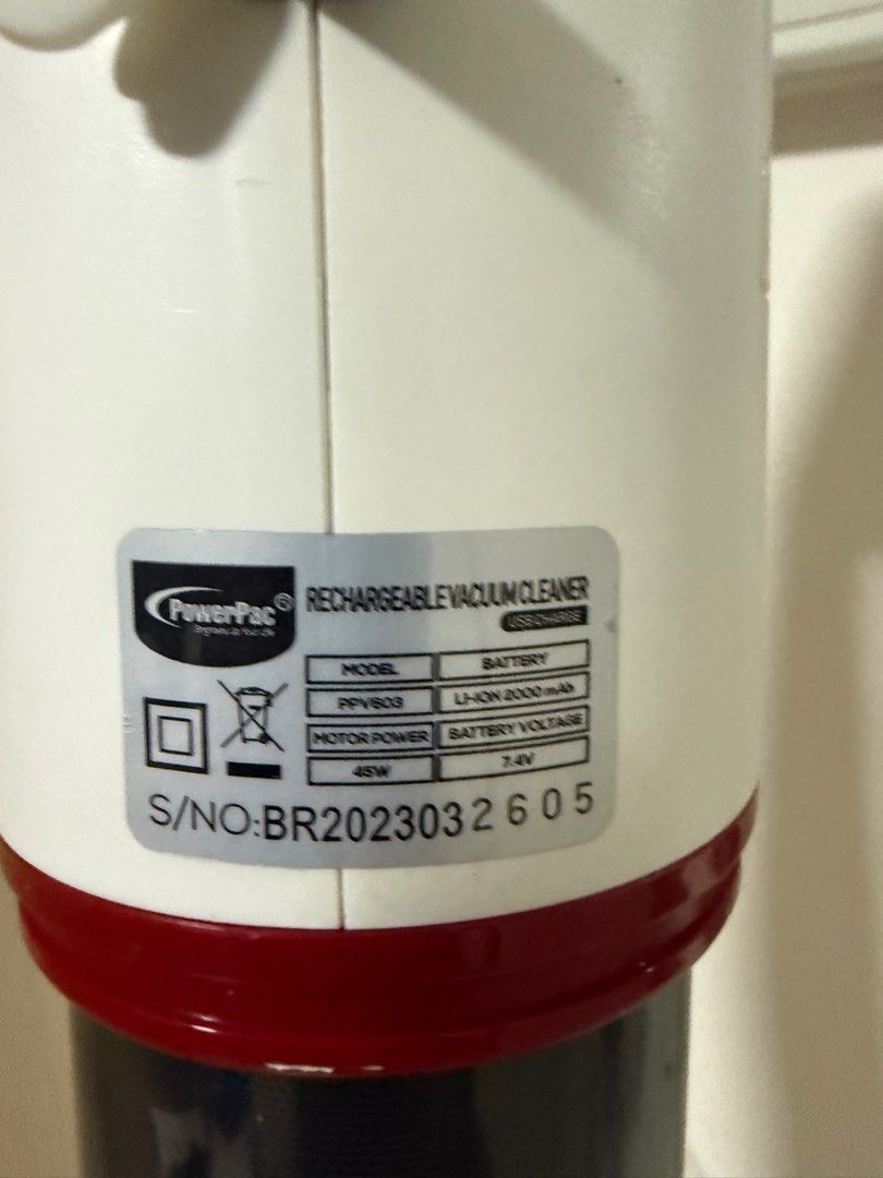 PowerPac PPV603 Rechargeable Vacuum Cleaner (Category: Vacuum Cleaner & Housekeeping) located in Singapore. Submitted by jojohereforyou (Listing ID 1395109799, Image 2). Description: Selling a PowerPac PPV603 rechargeable vacuum cleaner. It is in good working condition. The vacuum cleaner is white and red. It is a cordless vacuum cleaner. Comes with all the attachments shown in the picture..
