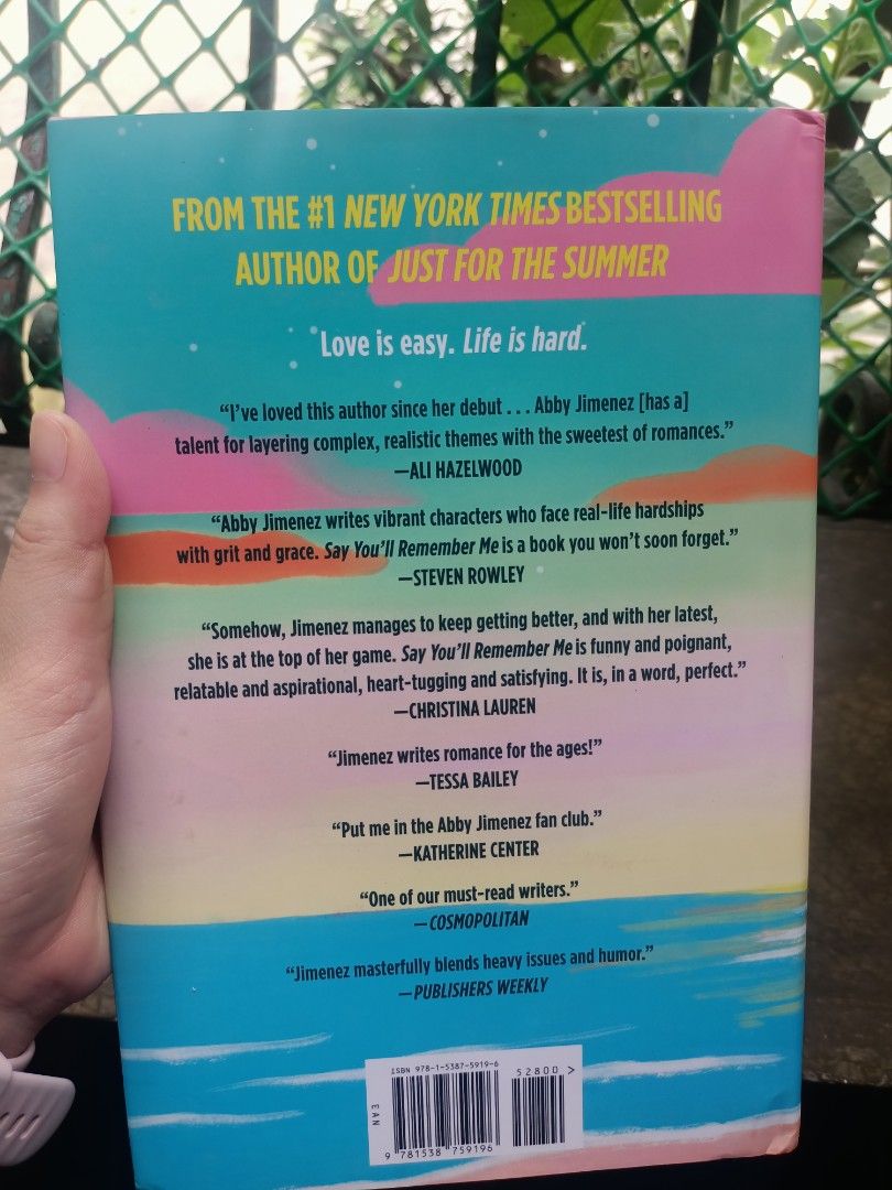 Say You'll Remember Me by Abby Jimenez (Hardbound) (Category: Storybooks) located in Mabalacat. Submitted by kiwikloset (Listing ID 1395029398, Image 2). Description: Say You'll Remember Me by Abby Jimenez (Hardbound) for 1,300 + sf (J&T) MOP: Gcash or BPI.