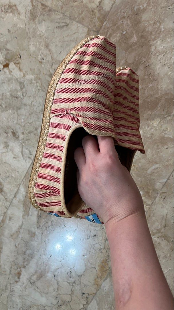 Toms red woven stripe espadrilles slip ons (Category: Loafers) located in Manila. Submitted by nmpc116 (Listing ID 1395016578, Image 3). Description: Barely worn Womens US SIZE 8 Deconstructed alpargata rope Red woven stripe Comes with box.
