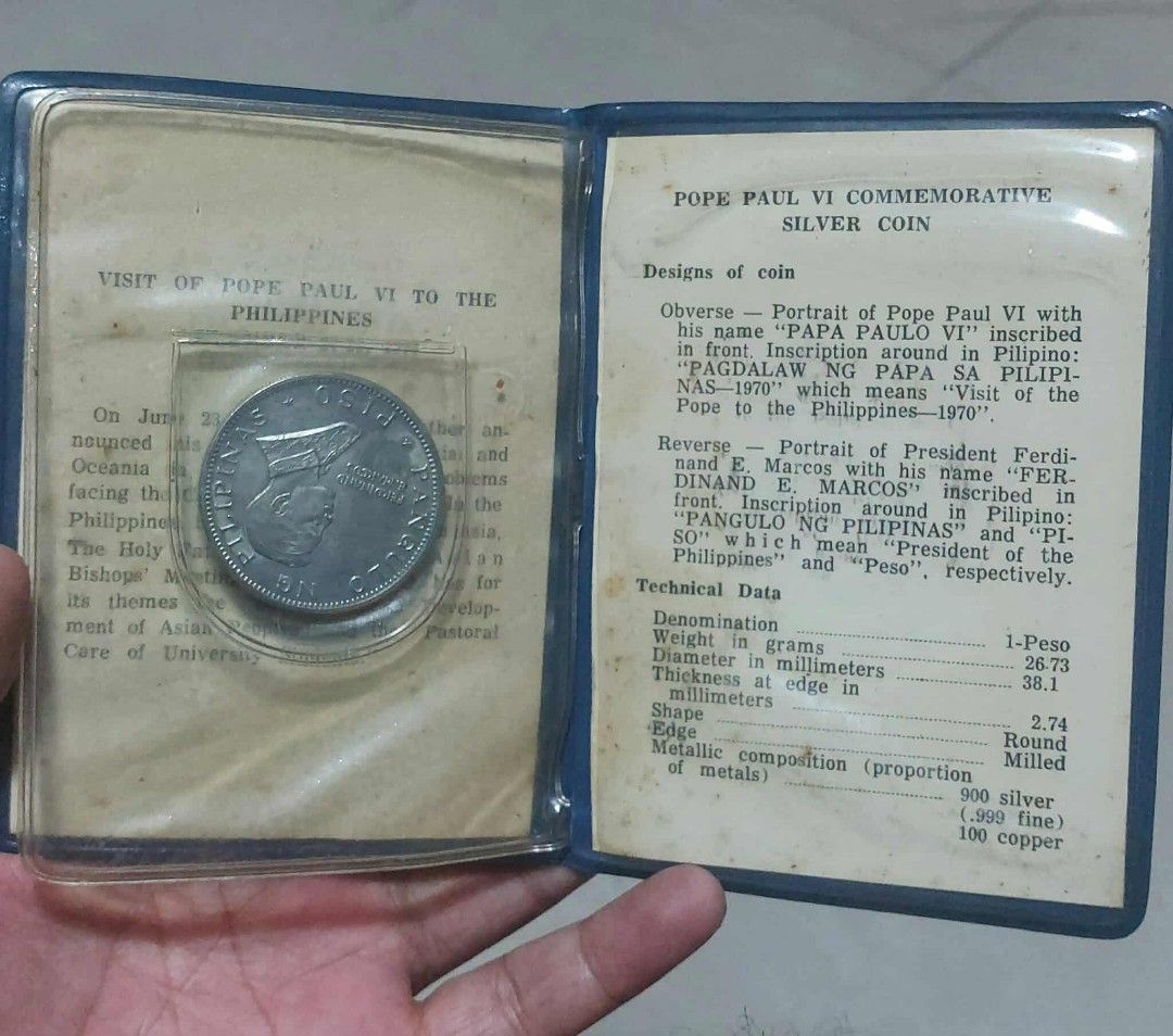 1970 Piso Pope/Marcos silver coin (Category: Currency) located in Manila. Submitted by wildcrystal.3b537c (Listing ID 1395252966, Image 2). Description: Mahirap mkhanap nitong may booklet or presentation case.