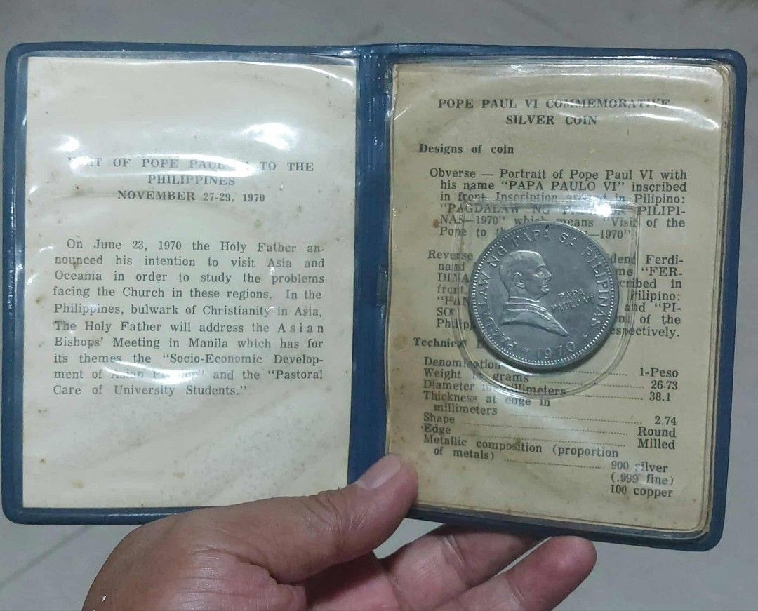 1970 Piso Pope/Marcos silver coin (Category: Currency) located in Manila. Submitted by wildcrystal.3b537c (Listing ID 1395252966, Image 1). Description: Mahirap mkhanap nitong may booklet or presentation case.
