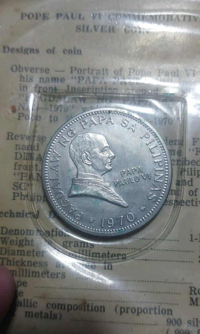 1970 Piso Pope/Marcos silver coin (Category: Currency) located in Manila. Submitted by wildcrystal.3b537c (Listing ID 1395252966, Image 3). Description: Mahirap mkhanap nitong may booklet or presentation case.