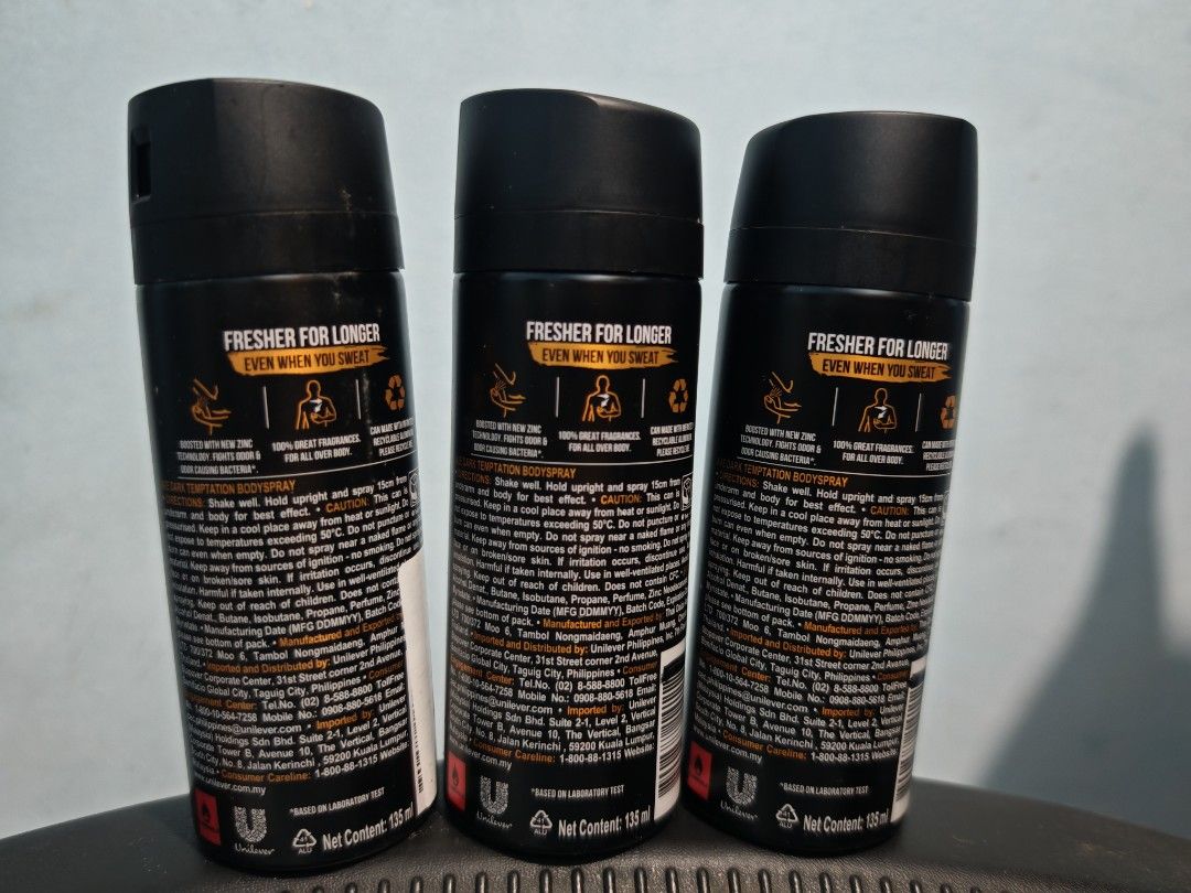 Axe Dark Temptation Deodorant Body Spray 135ml (Category: Fragrance & Deodorants) located in Malabon City. Submitted by daywalker14 (Listing ID 1395227695, Image 2). Description: Forsale Only Axe Body Spray Dark Temptation 135ml for only P160/each Srp/mall price P260 Condition *Brandnew *Expiration Date 042027 Location Malabon City .
