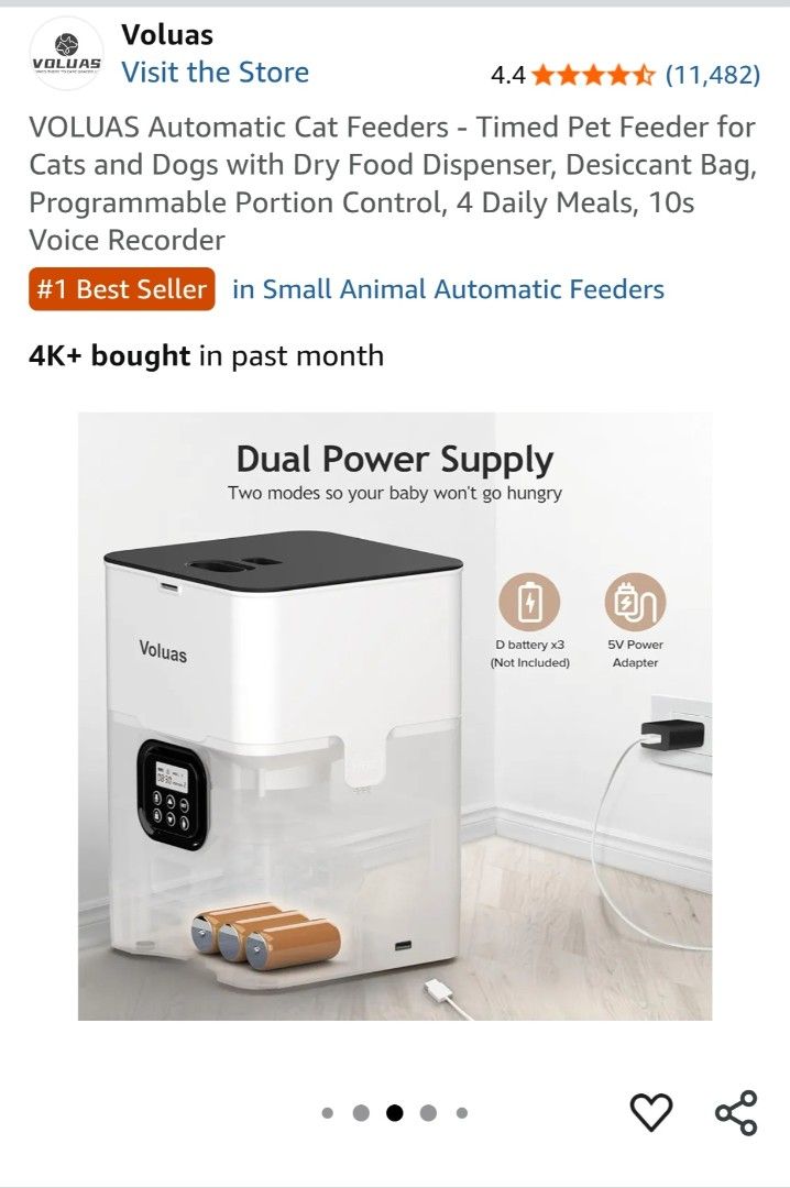 BRAND NEW! Automatic Pet Feeder (Category: Homes & Other Pet Accessories) located in Quezon City. Submitted by iammaangel (Listing ID 1395228939, Image 3). Description: - Automatic pet feeder for cats and dogs - 6L - Dispenses dry food - Programmable portion control - Up to 4 meals daily - 10-second voice recorder - Dual power supply - Anti-clog design - Easy to clean.
