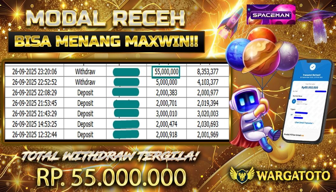 BUKTI JACKPOT WARGATOTO 27 SEPTEMBER 2025 (Category: Electronics, Cameras, and Gadgets - Others) located in Jakarta Barat. Submitted by wargatoto_official (Listing ID 1395230234, Image 1). Description: 🎊 Selamat untuk member yang berhasil tembus JACKPOT 55 JUTA 🎊 Tanggal : 27/09/2025 Game : SPACEMAN 🚀 Kemenangan : Rp55.000.000,- “Awalnya main santai saja, tapi ternyata keberuntungan datang di saat yang tidak disangka. Terima kasih WARGATOTO, p