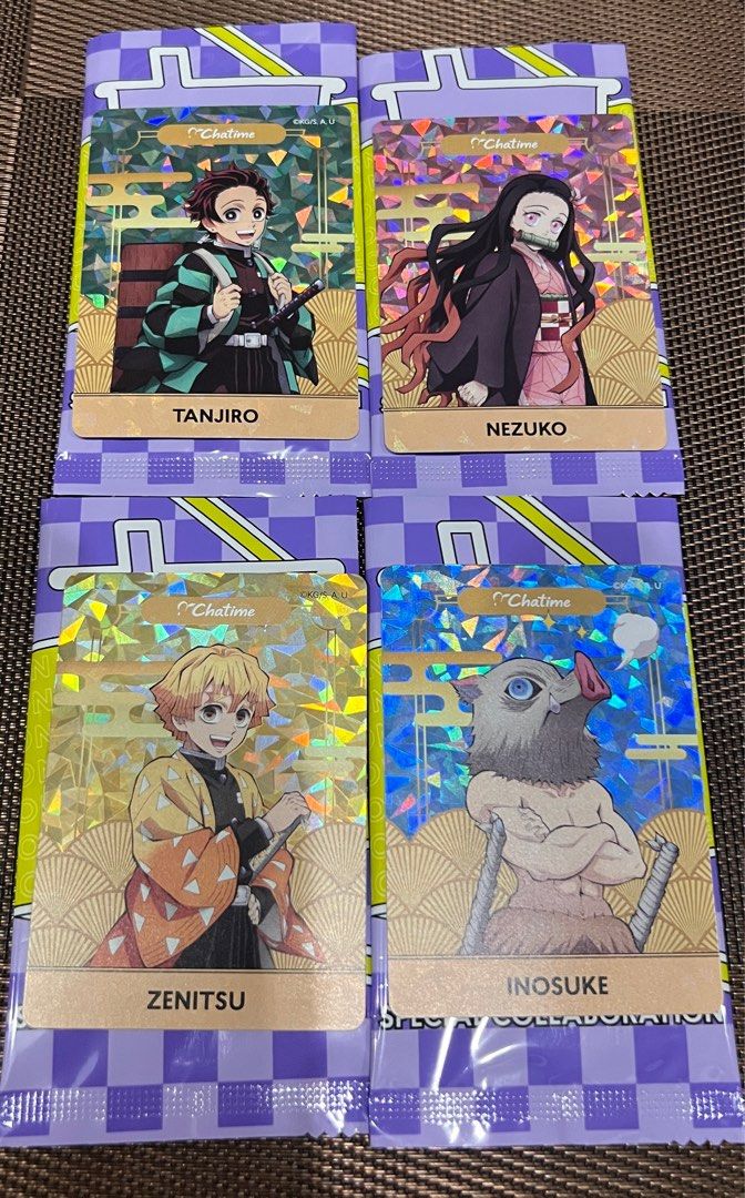 Chatime x Demon Slayer Card [SET] (Category: Raw Singles) located in Quezon City. Submitted by yans.collections (Listing ID 1395190313, Image 1). Description: Chatime x Demon Slayer Card - Set of 4 Demon Slayer trading cards - All in pristine condition - with card sleeves MOP: Gcash Shipping (lalamove, grab, LBC) shouldered by the buyer loc: manila.