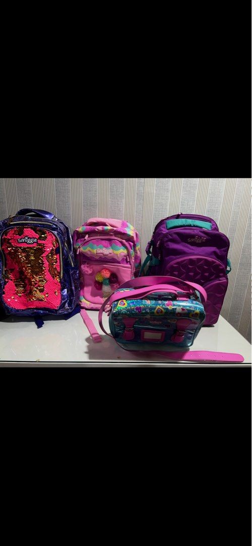 Clearance! Authentic Pre-loved Smiggles Bag (Category: Backpacks) located in Quezon City. Submitted by m_here (Listing ID 1395229755, Image 1). Description: Minimally used Smiggles Backpack Bag Very clean Assorted Backpacks P1000 Sling Bag P800 Wallet P500 Rfs: outgrown by my kids Pickup: Araneta Ave Qc or Blumentritt Manila .