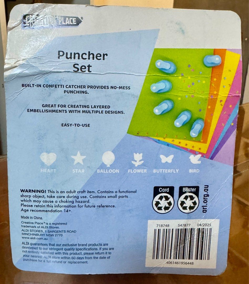 Creative Place Puncher Set (Category: Craft Supplies & Tools) located in Quezon City. Submitted by kryshnanzyanna (Listing ID 1395310823, Image 2). Description: - Creative Place Puncher Set - Includes 6 designs: heart, star, flower, butterfly, balloon, and bird - Ideal for scrapbooking, handmade cards, and collages - Easy to use - Features a built-in confetti catcher for mess-free crafting - Great for layered embellishments.