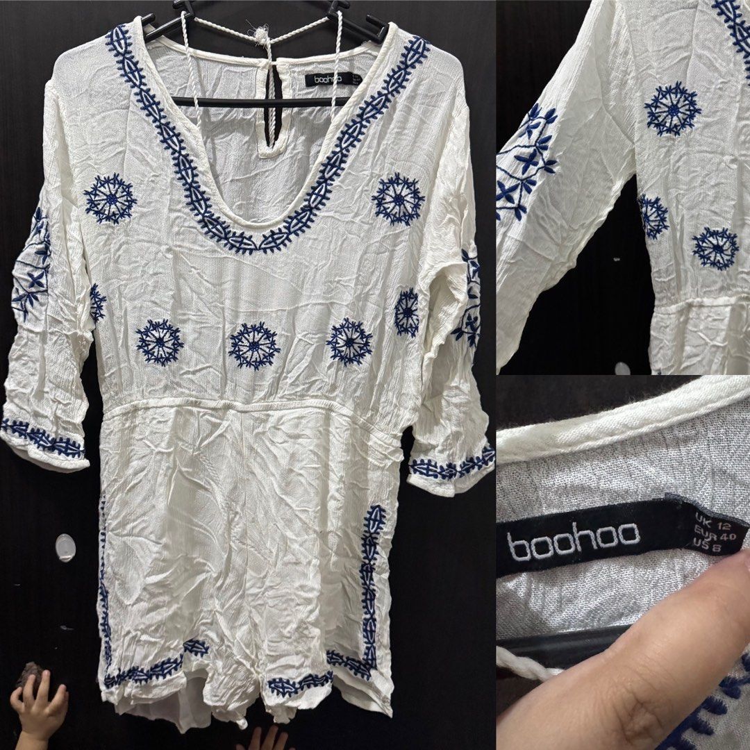 (Get 3 for 350) Boohoo Embroidered White Romper (Category: Rompers) located in Taguig. Submitted by bnplswmakeup (Listing ID 1395190820, Image 1). Description: - Boohoo white romper - Blue embroidery details - V-neckline - 3/4 sleeves - Elastic waist - Keyhole back - Size: UK 12 / EUR 40 / US 8(M-L) - Textured fabric.