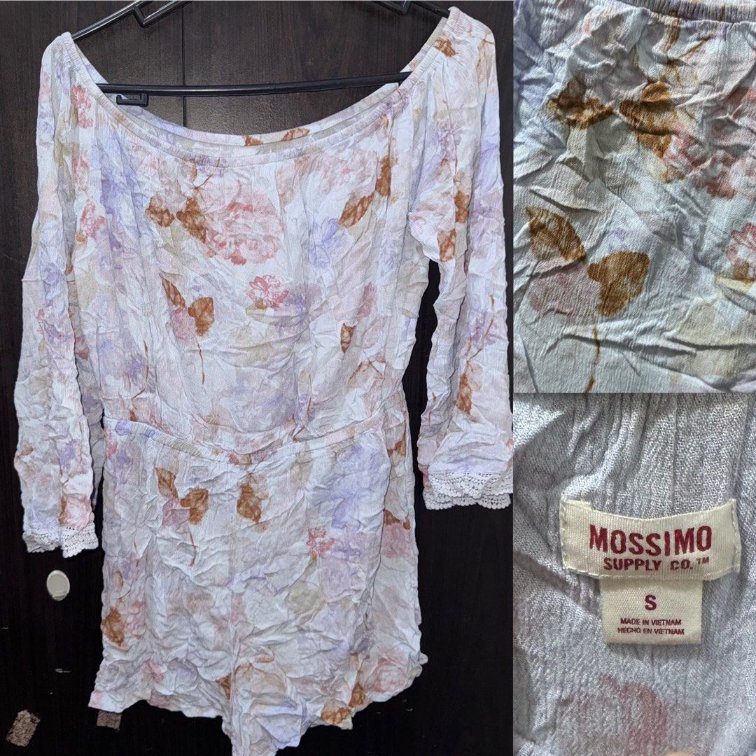 (Get 3 for 350) Mossimo Floral Romper S-L (Category: Rompers) located in Taguig. Submitted by bnplswmakeup (Listing ID 1395191124, Image 1). Description: - Mossimo romper - Floral print - Off-shoulder design - Three-quarter sleeves - Lace detailing on cuffs - Cinched waist - Size: S but can fit up to Large MOP: BPI/Gcash Shipping via J&T/Grab/Lalamove.